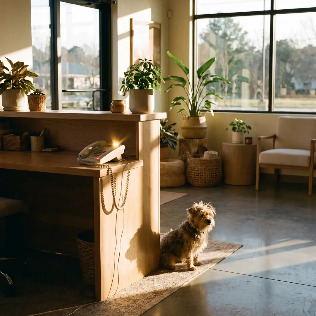 A grooming salon reception desk at golden hour — the phone lit up, a small terrier waiting on the rug.