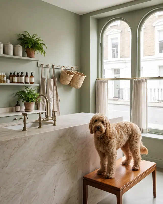A calm boutique grooming salon with a marble bathing counter and a doodle on a bench.
